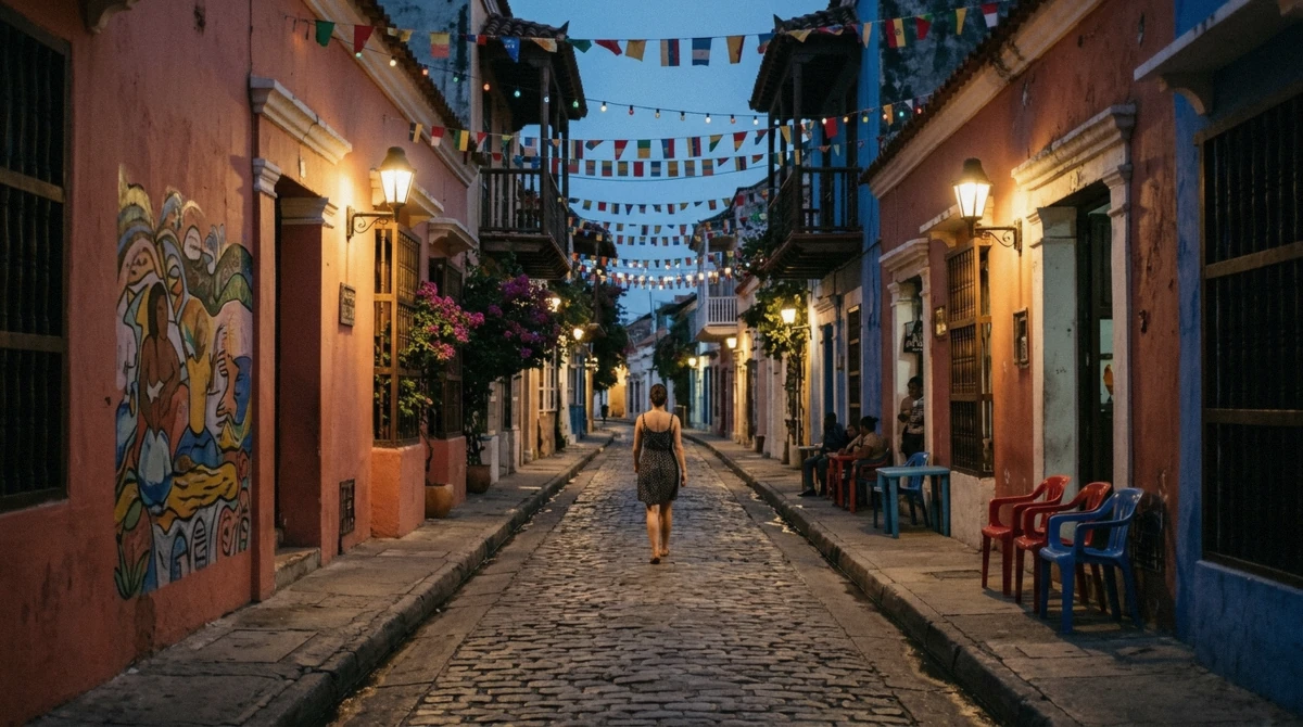 A flag-strung lane in Getsemani at dusk on a Cartagena, Colombia city guide