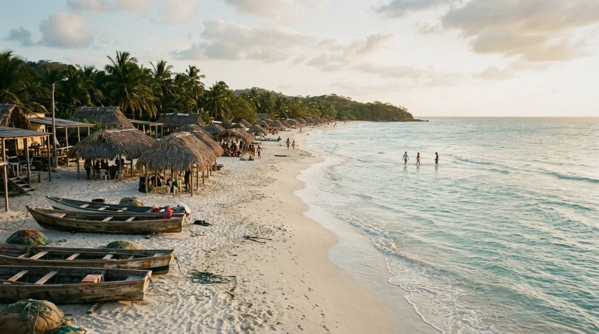 White sand and fishing boats at Playa Blanca on Isla Baru near Cartagena, Colombia
