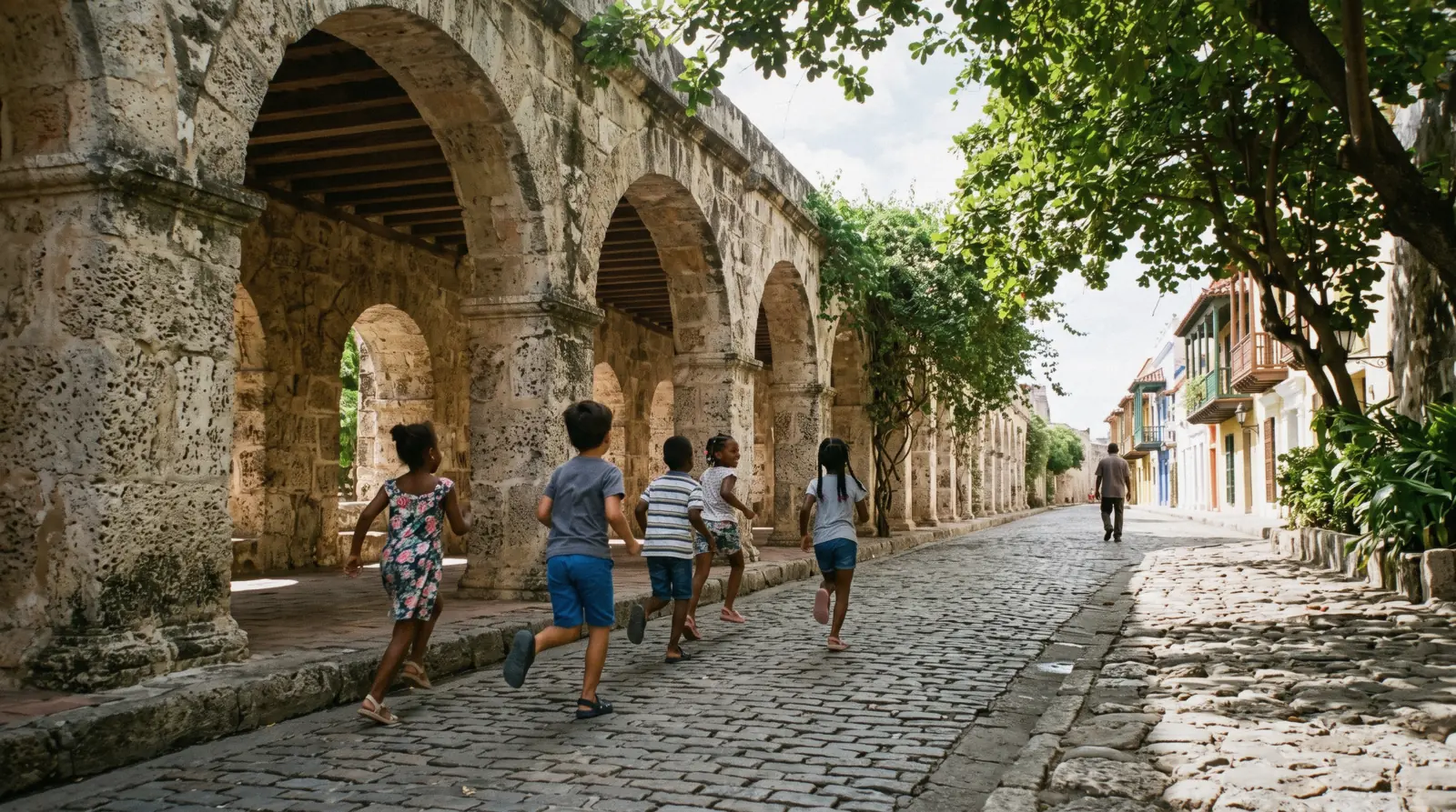 A family walking a shaded street in the historic center, cartagena with kids