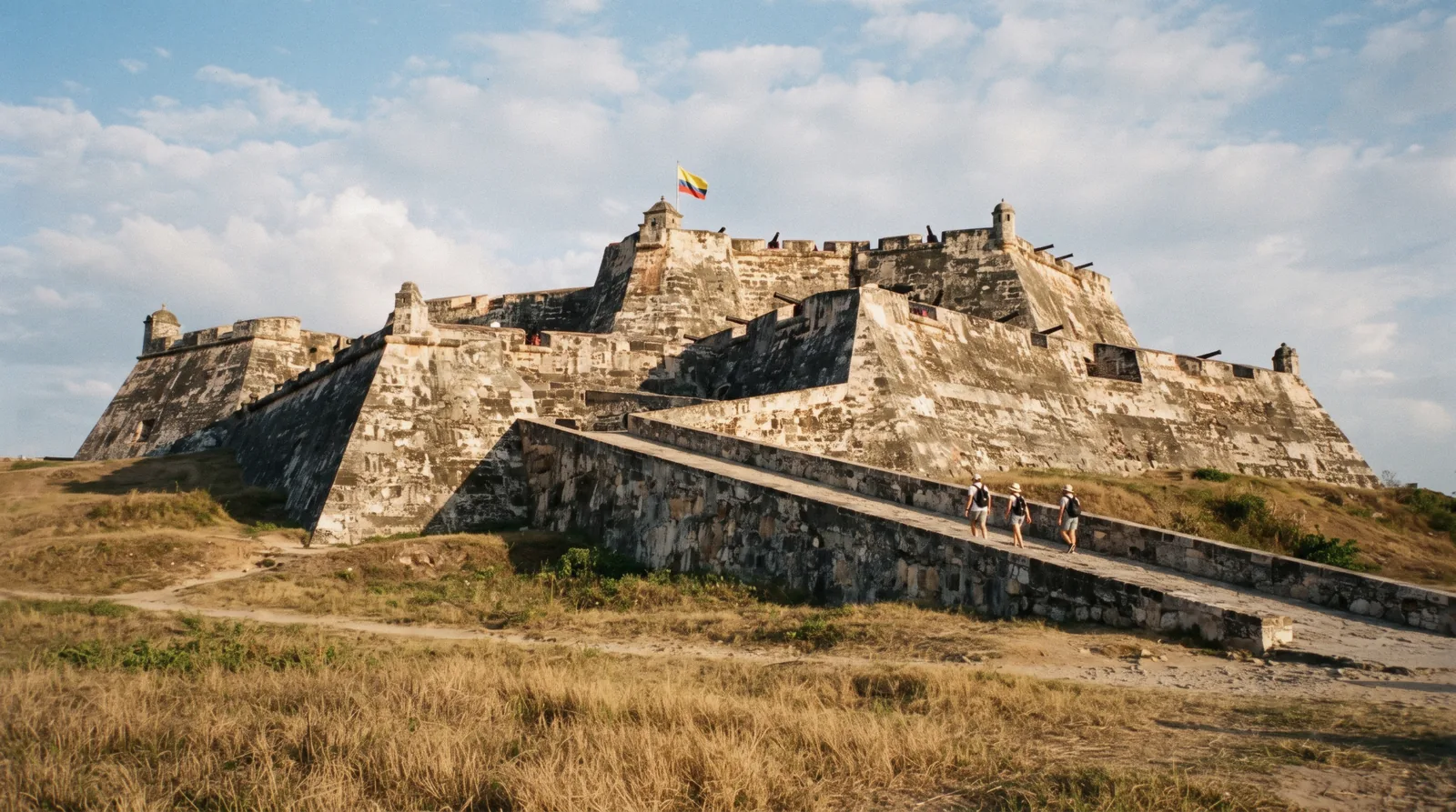 Stone ramparts and cannons of Castillo San Felipe de Barajas fortress on San Lázaro hill in Cartagena