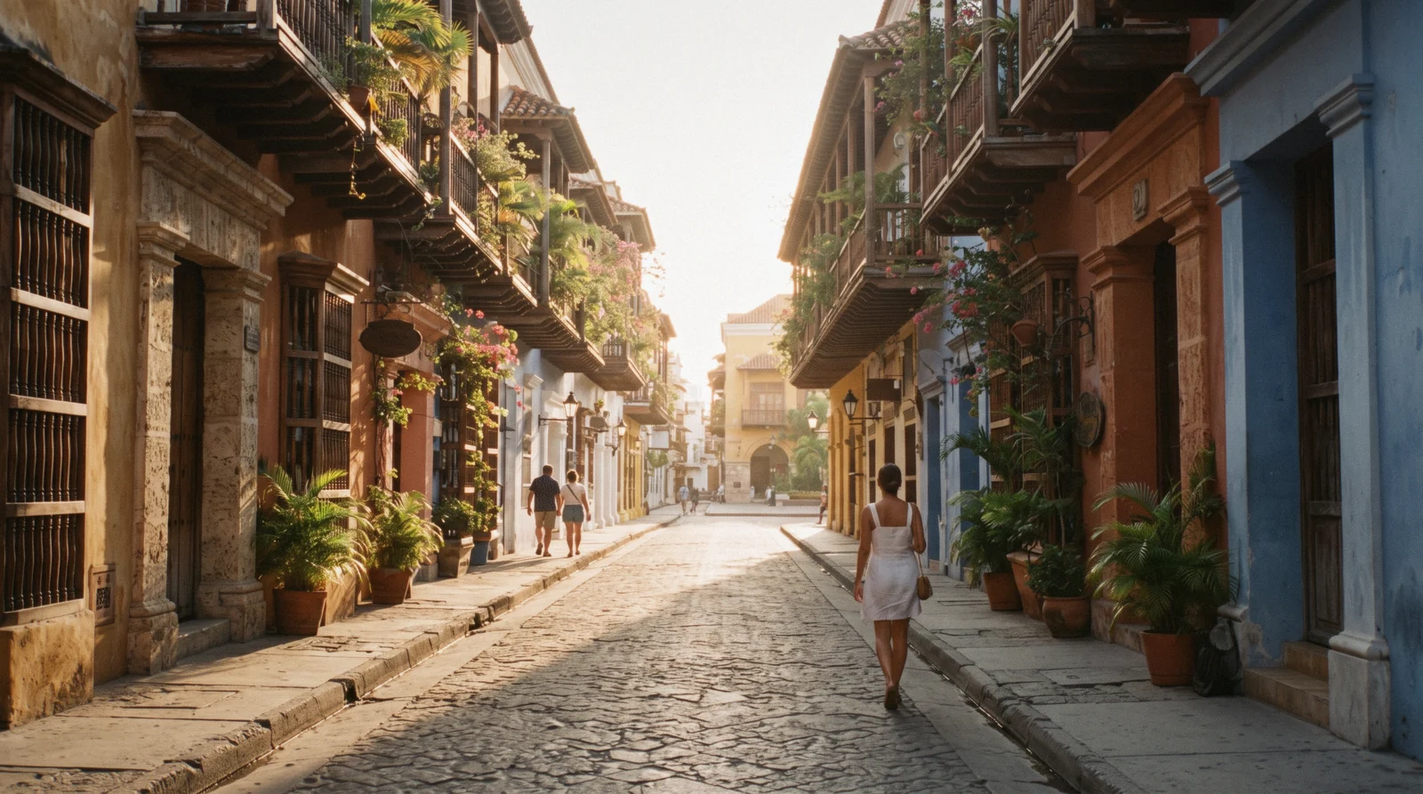 Tree-shaded plaza with colonial facades and benches in the centro historico cartagena, Colombia