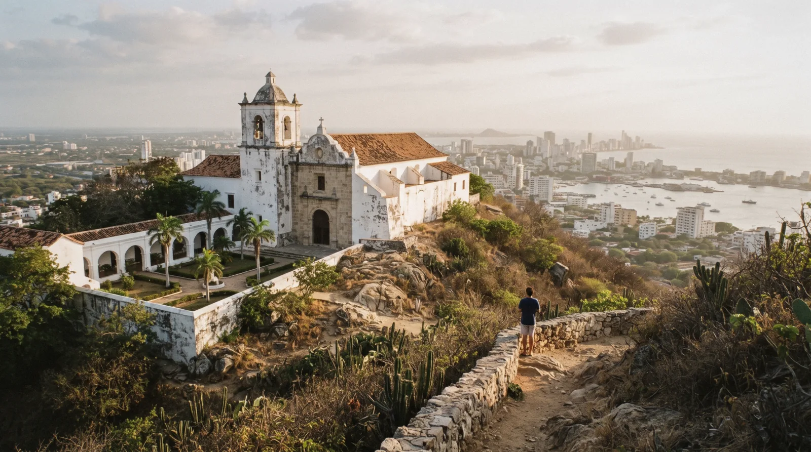 The white monastery of Convento de la Popa on its hilltop above Cartagena de Indias