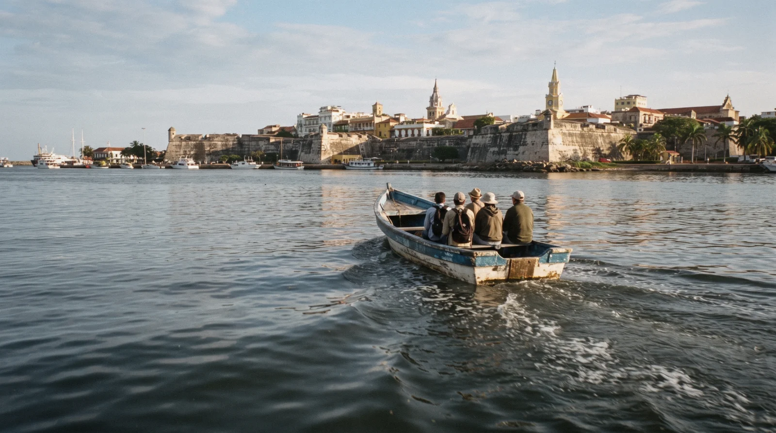 A tour speedboat crossing open water on a day trip from Cartagena, Colombia