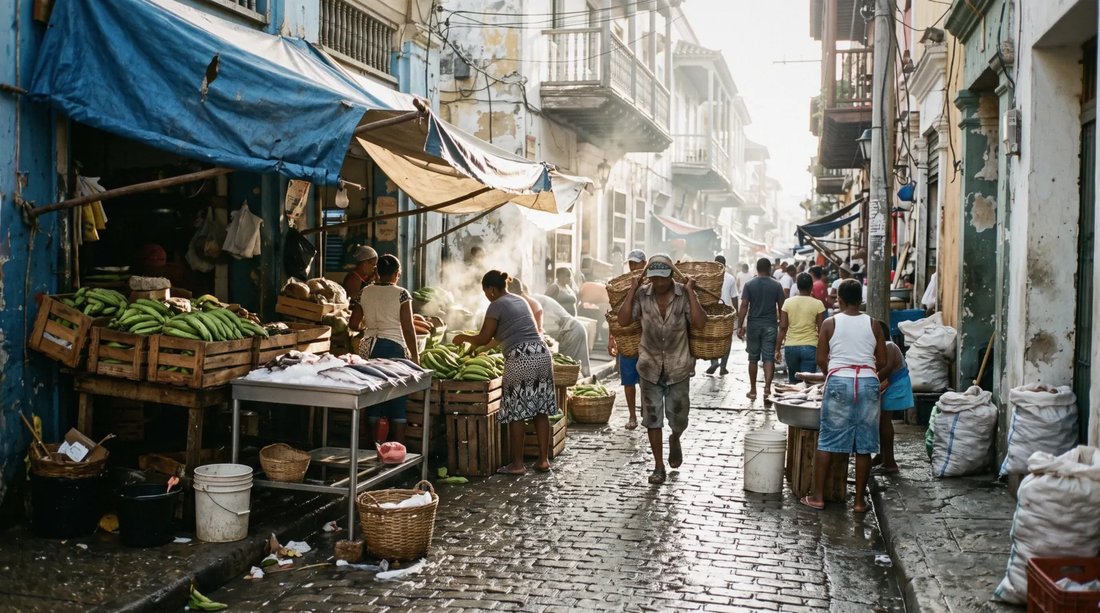 Vendors and stalls piled with produce at Mercado Bazurto, Cartagena's working public market