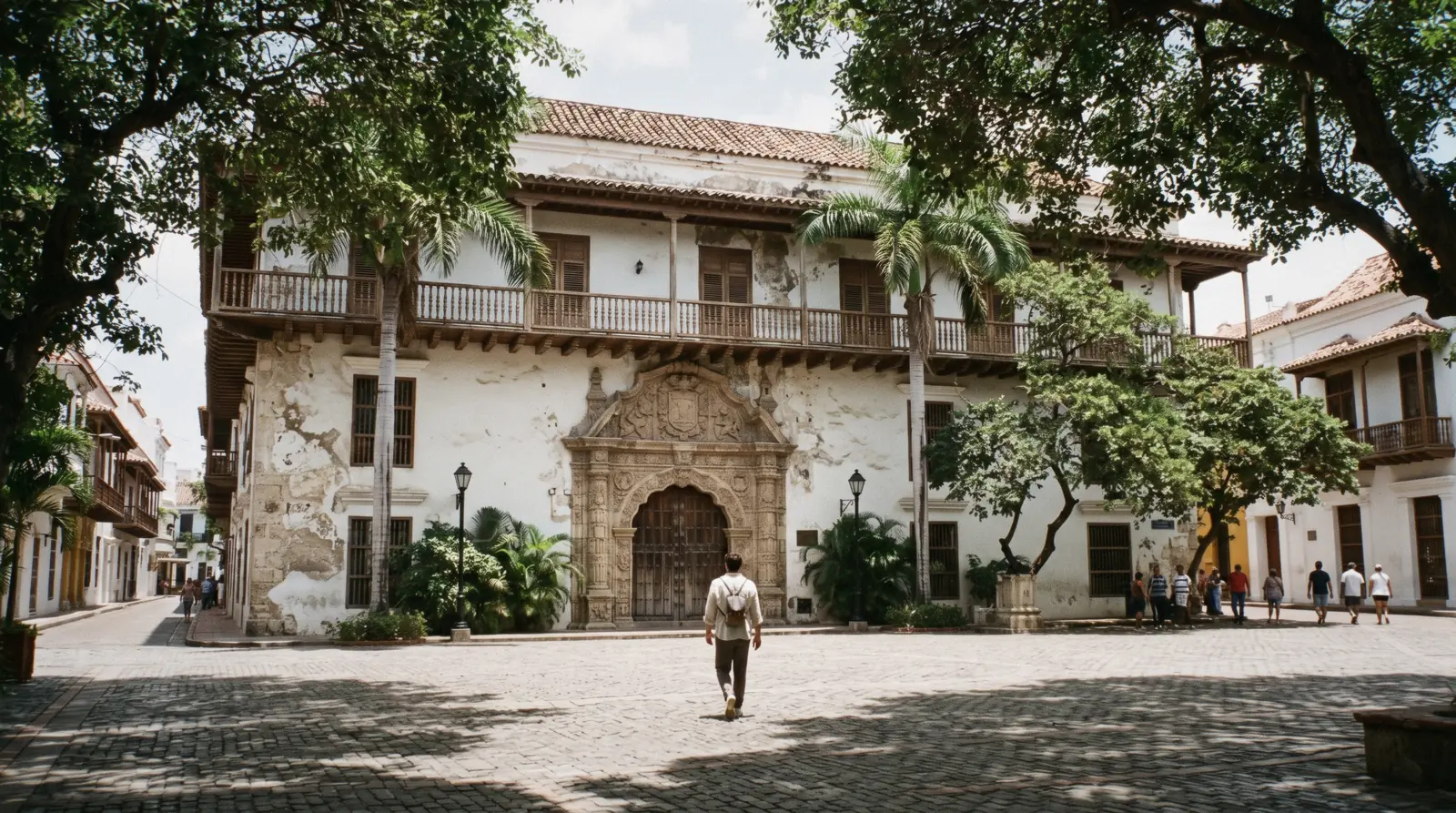 Baroque stone gateway and balconies of the Palacio de la Inquisición on Plaza de Bolívar in Cartagena
