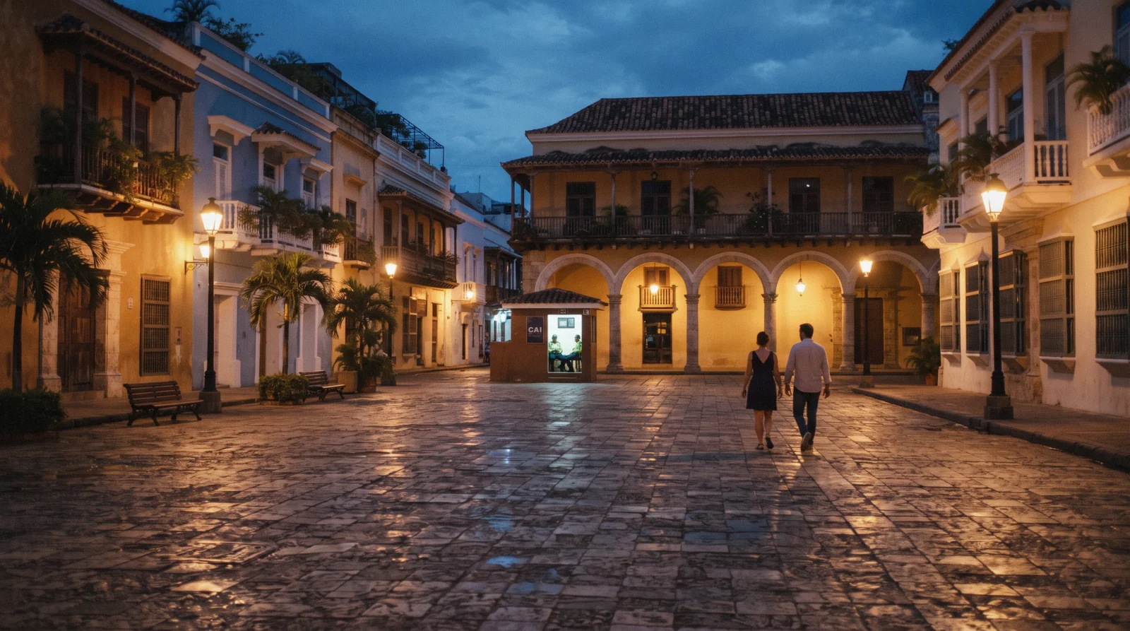 Narrow street inside the walled old town of Cartagena de Indias with stone walls and colonial balconies