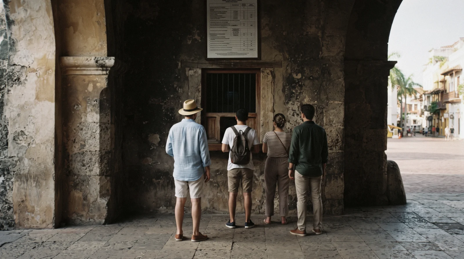 A ticket window at a colonial fort gate in Cartagena, Colombia, where visitors buy attraction tickets