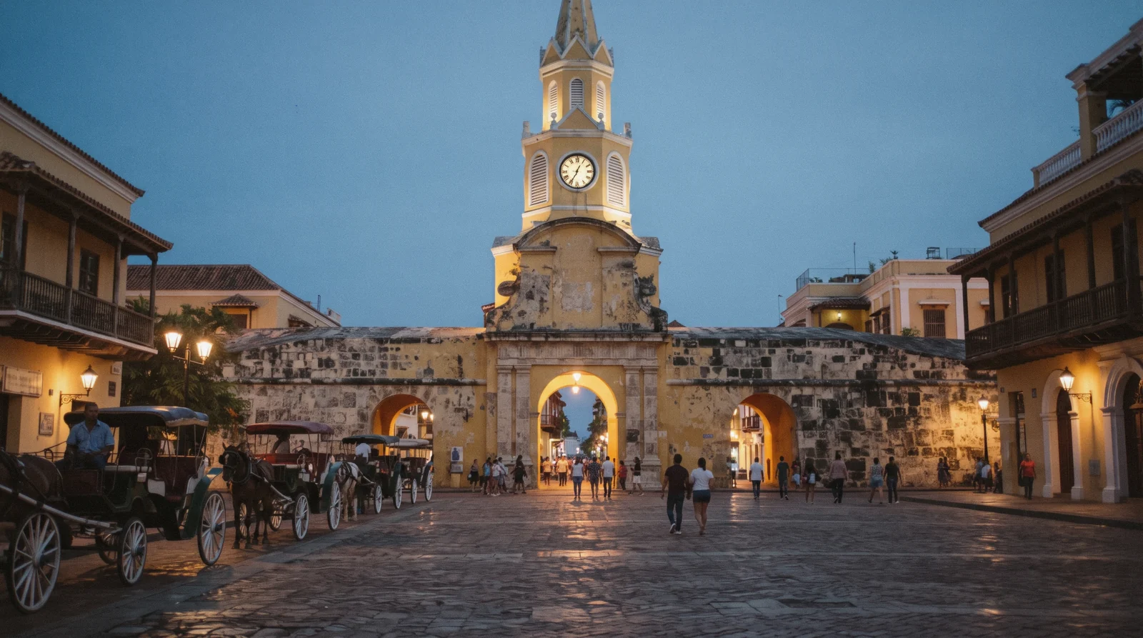 The yellow clock tower gate of Torre del Reloj at the entrance to Cartagena's walled city