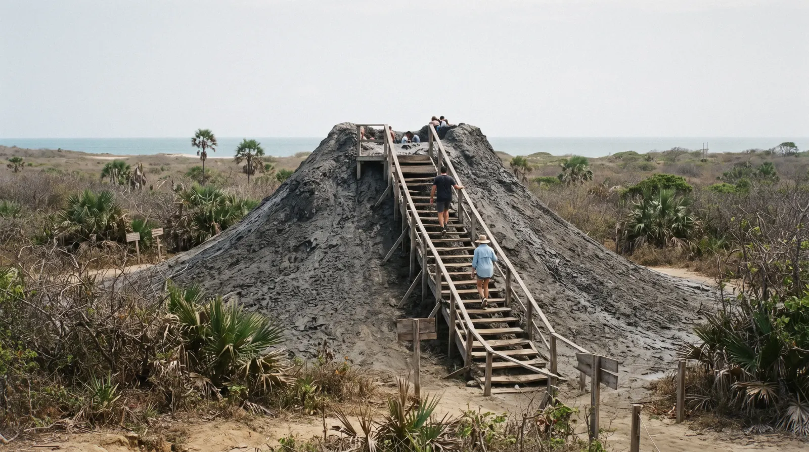 The mud crater of Volcán del Totumo near Cartagena, Colombia, with the staircase leading to the top