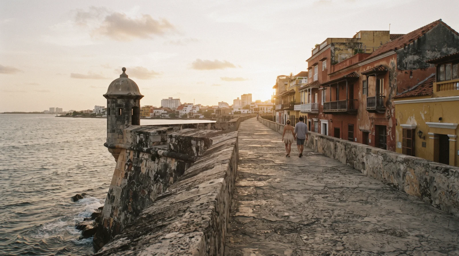 Sunset light on the stone parapet and cannons of the Cartagena walled city near Baluarte de Santo Domingo